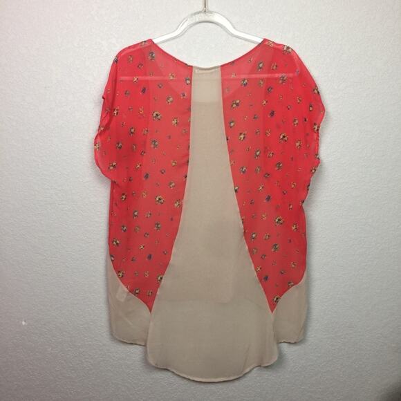 LUSH Sheer Blouse w/ Bright Coral Floral Pattern - Picture 6 of 6